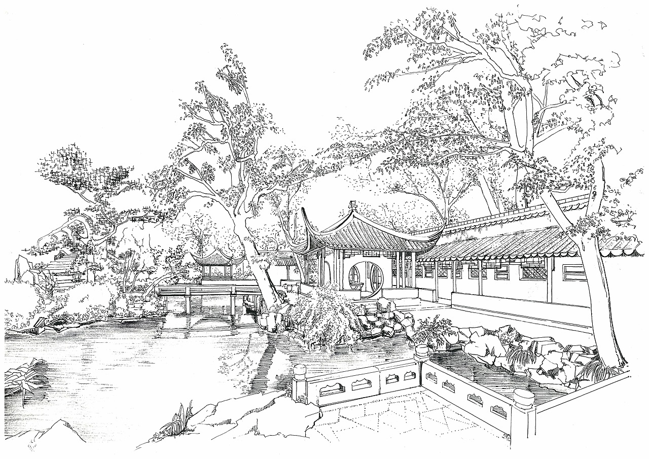 钢笔手绘-颐和园-古建庭院