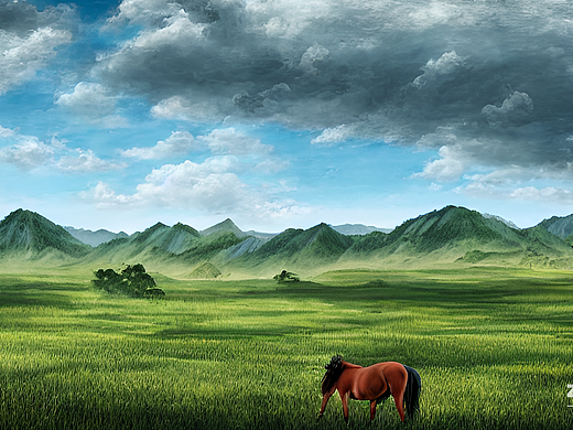 #AI创作实验室#广阔的草原,一匹骏马奔驰,蓝天白云
