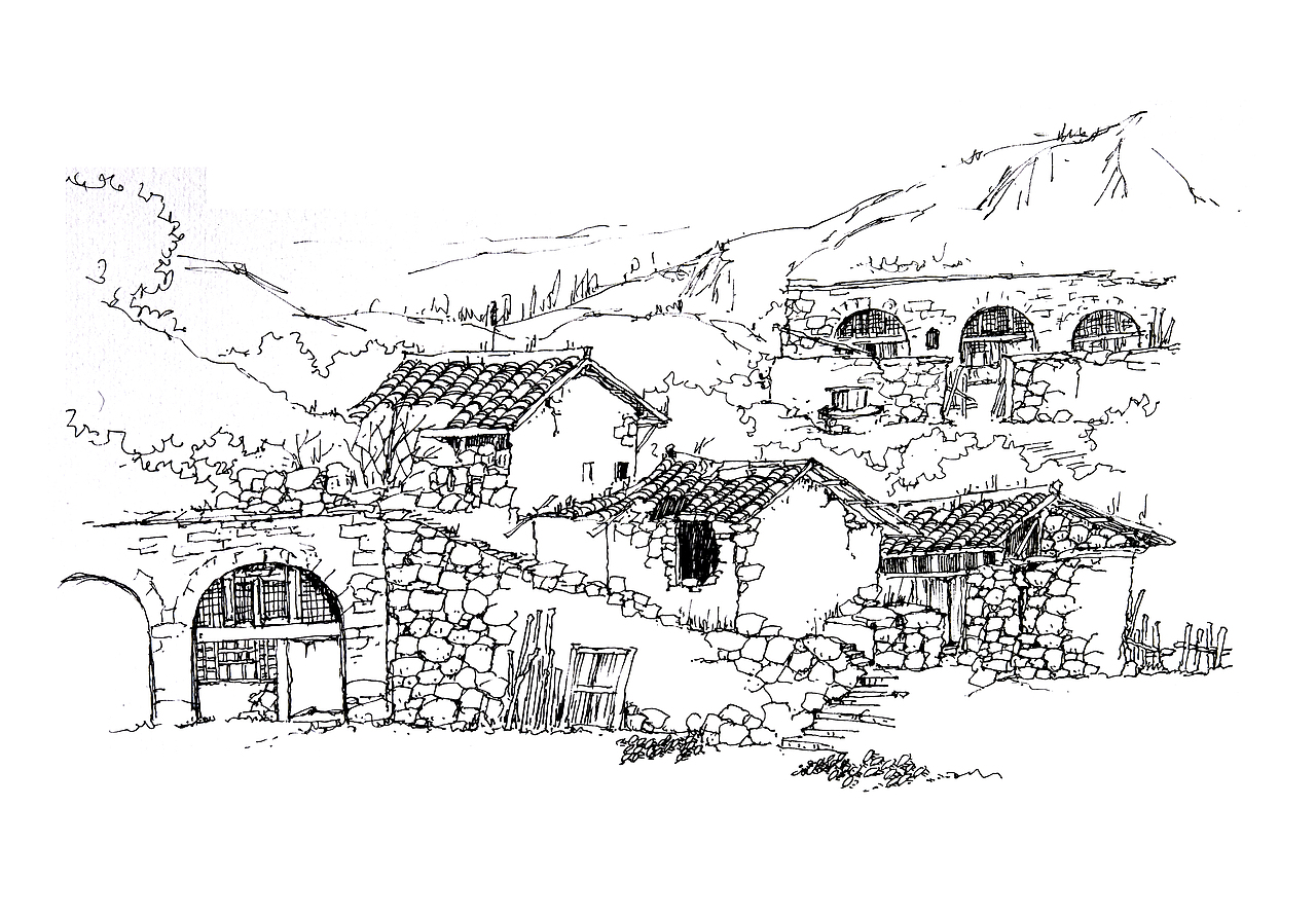 黄土高原风景——窑洞速写_延杨红钢笔画-站酷zcool