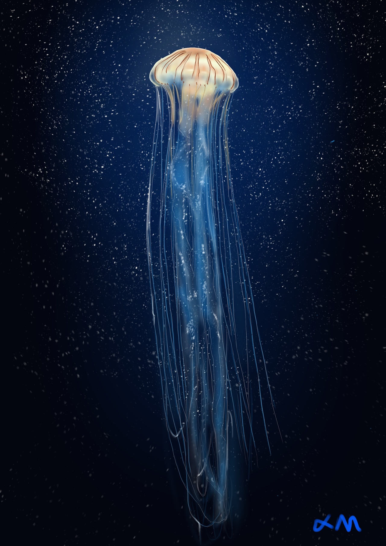 发光的水母在蓝色的海洋宇宙中畅游。美杜莎，霓虹灯，海蜇，幻想宇宙中的星星和宇宙。三维渲染照片摄影图片_ID:418892214-Veer图库