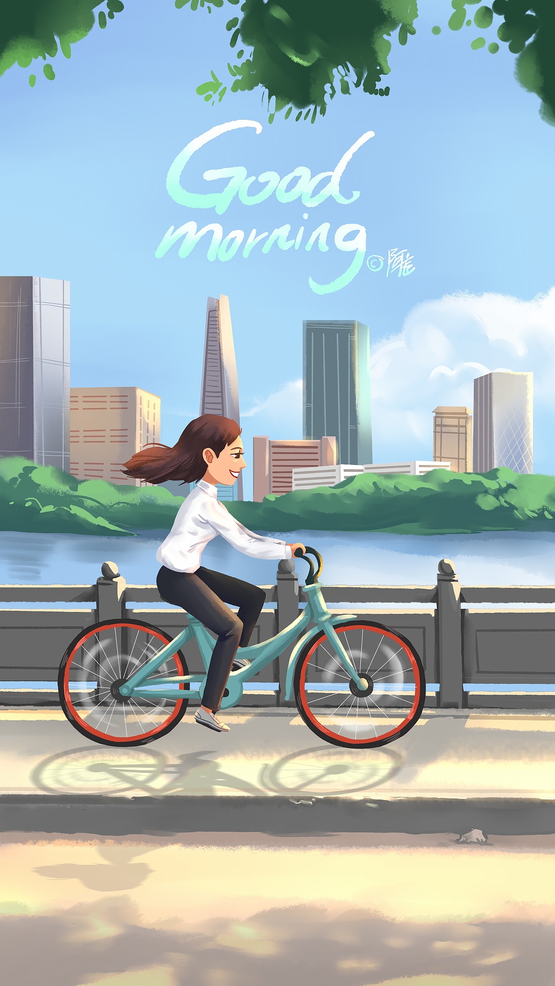 【早上好19】共享单车兜风去上班啊|插画|商业插画|阿尨_原创作品