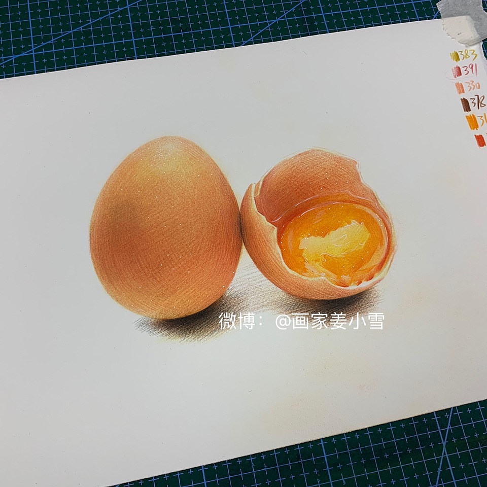 彩铅画一组鸡蛋壳和鸡蛋黄的示范全过程