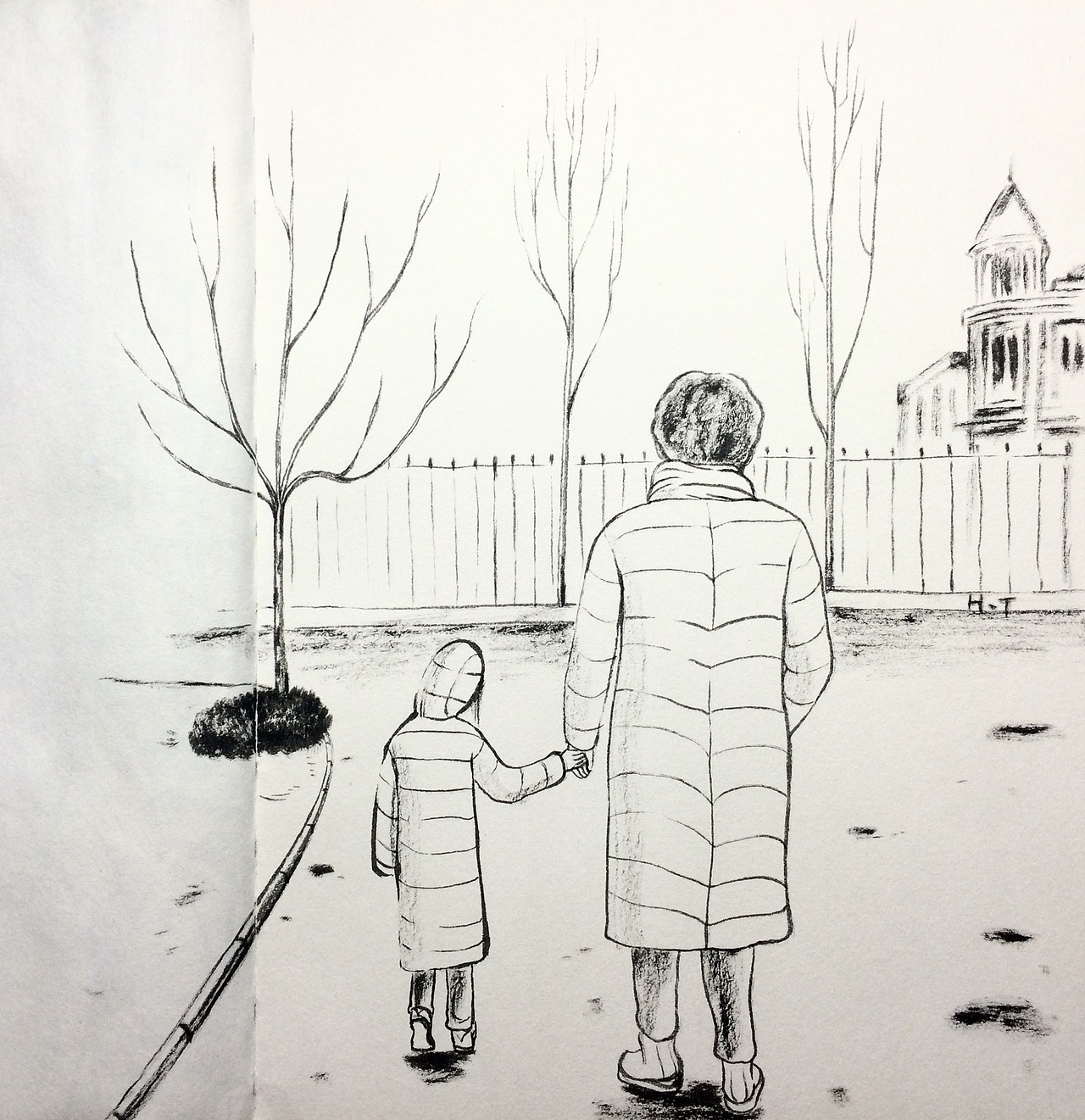 寒冬里的大手牵小手