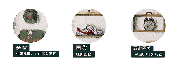 
<br>(1)国货——以经典国货牌子为例，把品牌logo融合到一起，汇聚成一条国货街；<br>(2)游戏——与现在千篇一律的单机游戏不同，儿时的游戏更多的是伙伴一起的快乐；<br>(3)电视时光机——采用“一镜到底”的镜头语言重温电视的疯狂岁月；<br>(4)收音机——重温老歌、老故事；<br>(5)穿啥——每个年代都有伴随着政治的时代单品，<br>(6)五讲四美——从政治斗争为口头禅到娱乐至死的网络语言<br><br>