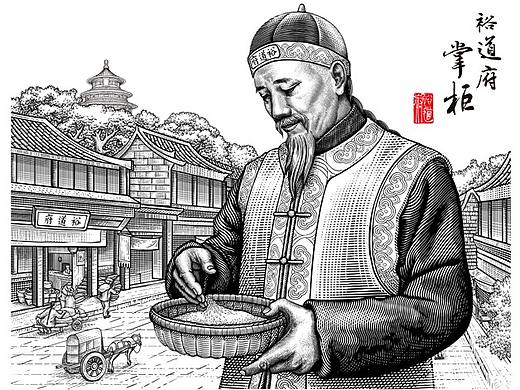 手绘版画风格·裕道府大米包装
