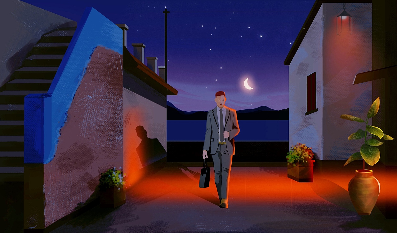 穿西装的成年男人夜里无声的崩溃