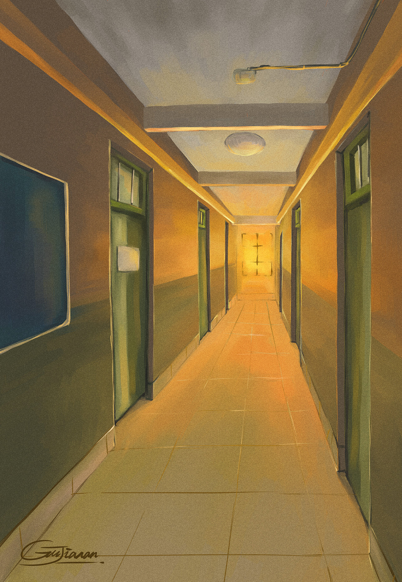 午后浸泡在温暖橙色阳光中的走廊.板绘场景习作.