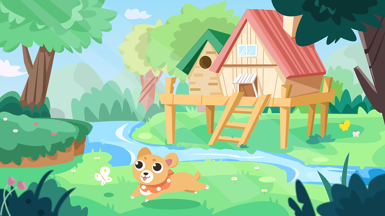 一个测试,森林木屋狗追蝴蝶|插画|儿童插画|六剑问秦 - 原创作品