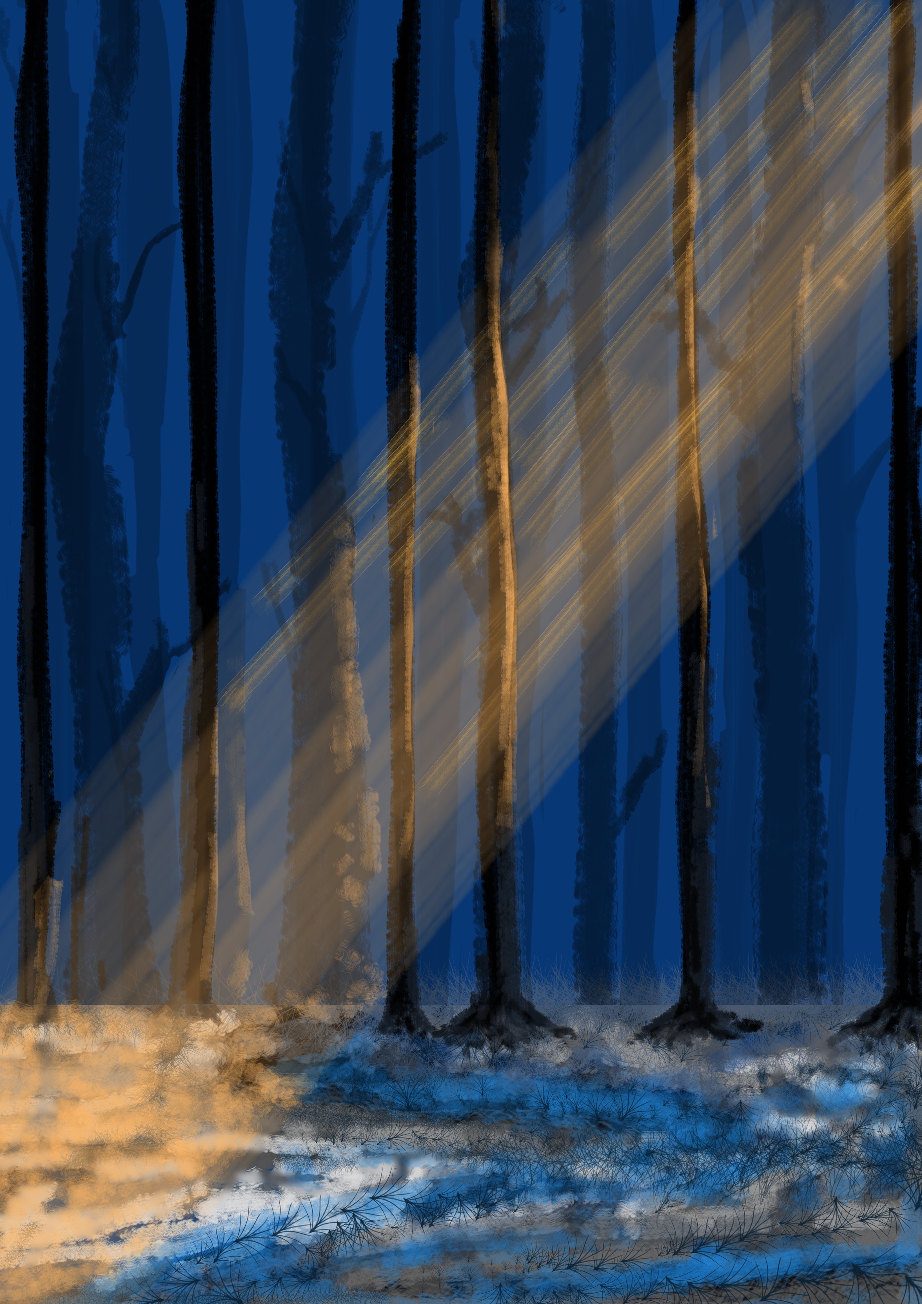 蓝色幽静树林中的光束|插画|概念设定|百瑟时间 - 原创作品 - 站酷