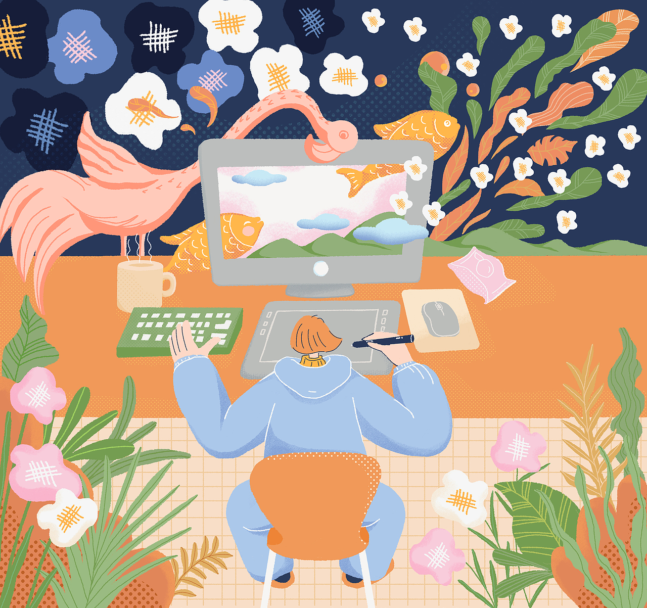 一个人坐在电脑前面画画|插画|艺术插画|戴灵芝_原创作品-站酷zcool