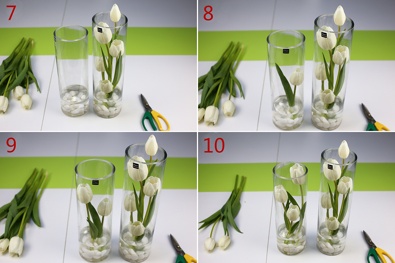 同步前面操作 高瓶子可插入4-5枝 低瓶子可插入2-3支 将花头调到观赏最佳角度