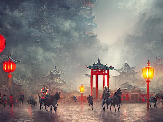 #AI创作实验室#亮着灯的中式红色城门，疾驰而来的黑马