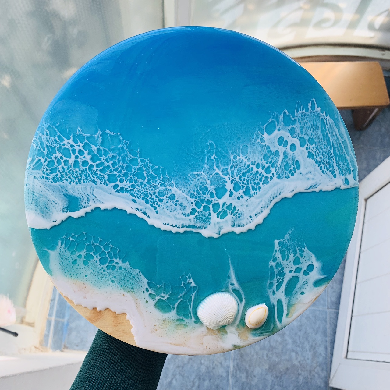 逼真海洋海浪的树脂画,海水的折射透过画作,珠光闪烁,细沙贝壳