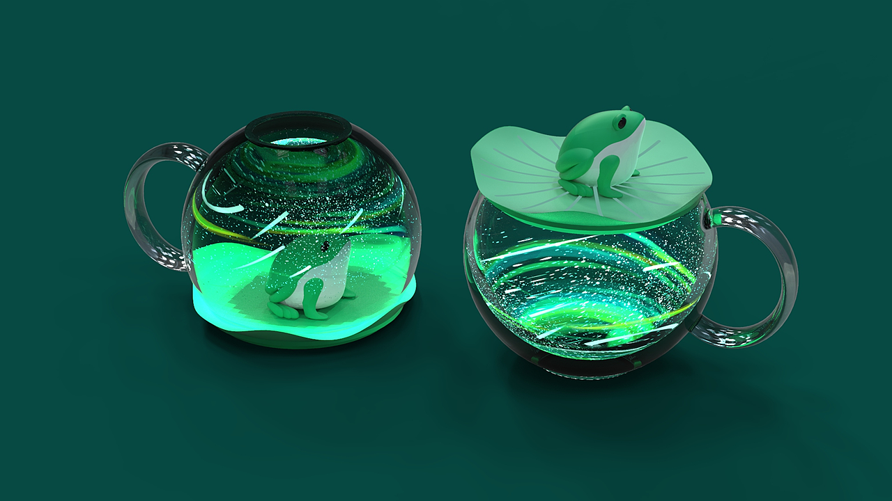 在产品设计上,我们将小神兽立体化,作为杯子把手作用。球形杯身可倒置放在杯盖上,一方面达到了防尘沥水作用,另一方面搭配星空画面可组成别致场景。