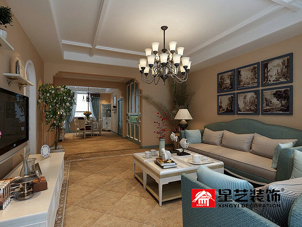 贵阳三房两厅美式田园风格装修设计效果图!