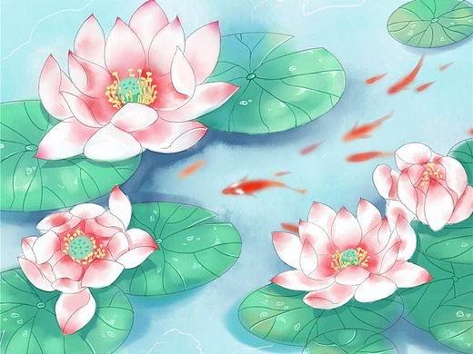 古风手绘夏天荷叶荷花小暑大暑插画