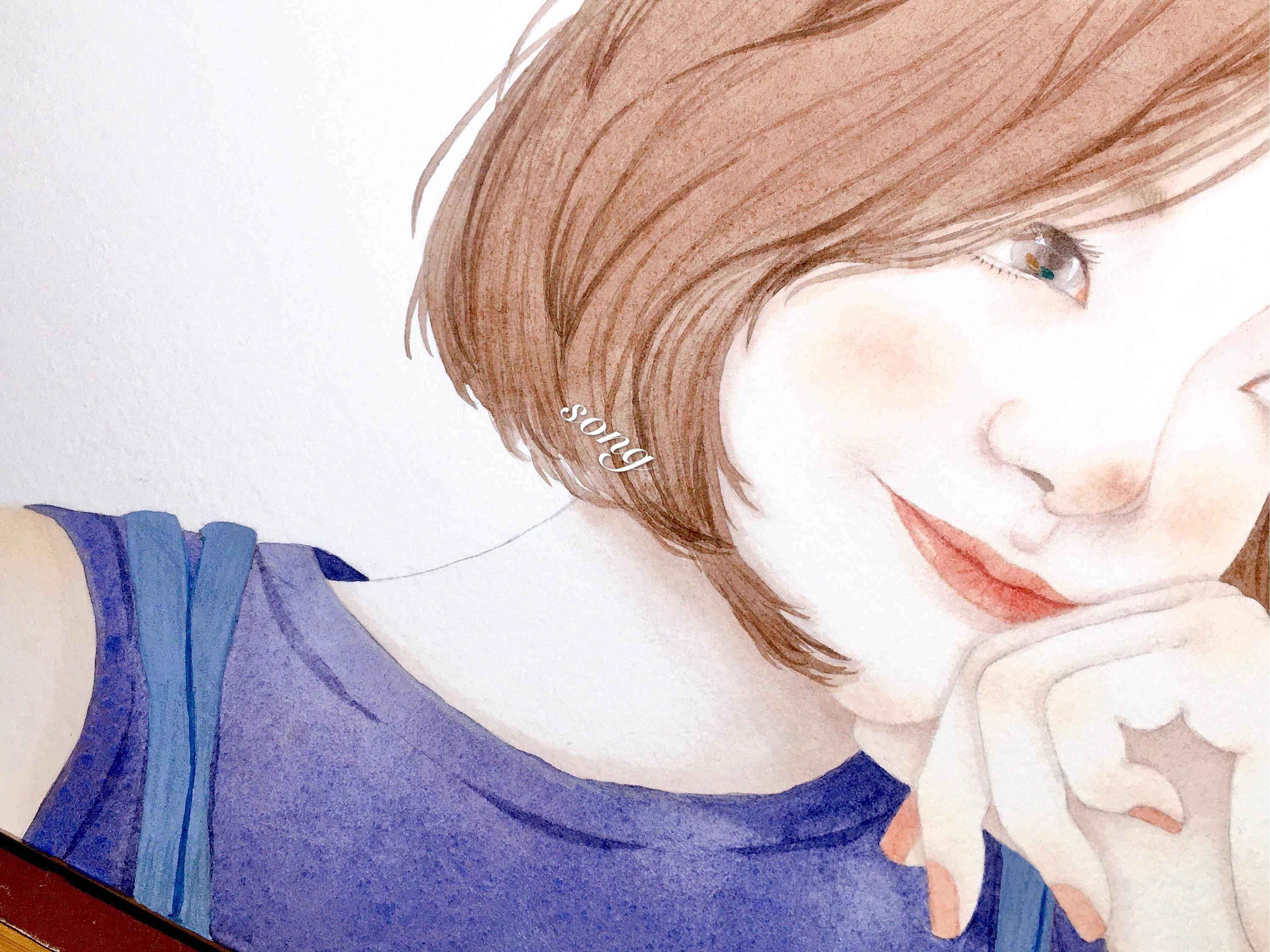 人物水彩手绘插画-自画像