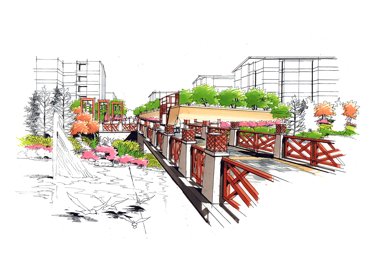 园林景观线稿步骤图上色作品欣赏(八)