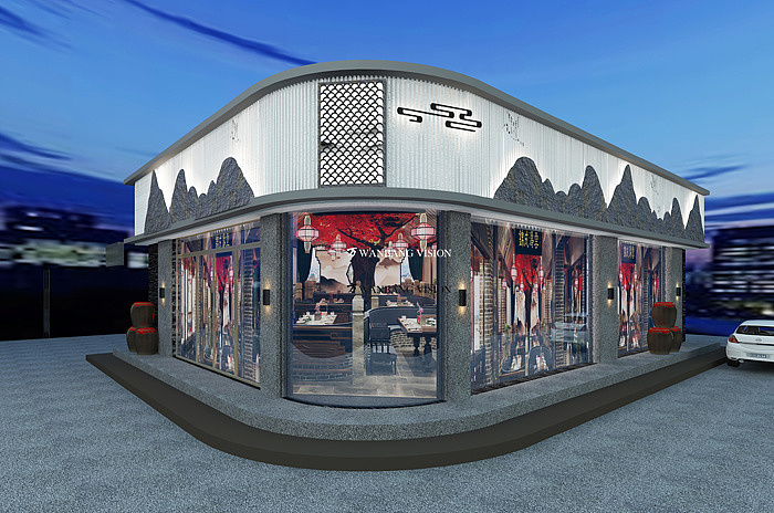 工装 中式餐厅 外立面 透视图