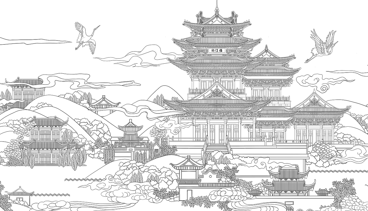 黄鹤楼阅江楼白描创作