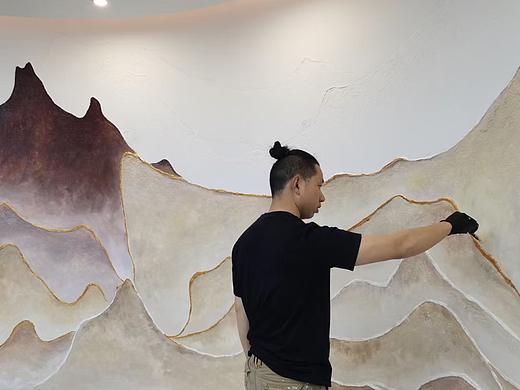餐饮公司办公室端景墙浮雕山水墙绘壁画