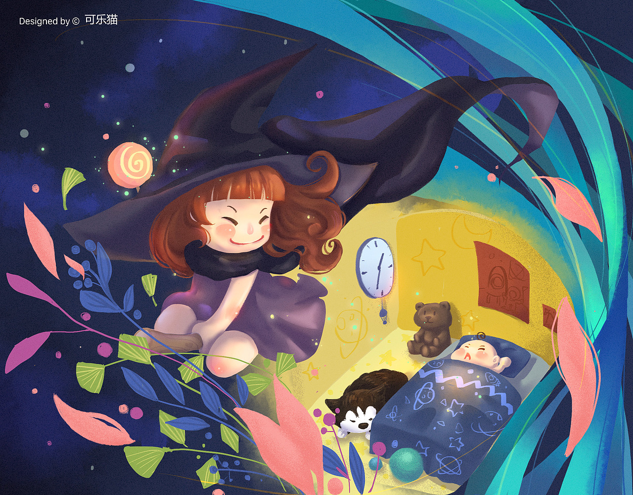 小魔女给了小卷毛一个甜蜜美丽的梦~开心的飞离睡的香甜的小卷毛~嘿嘿嘿