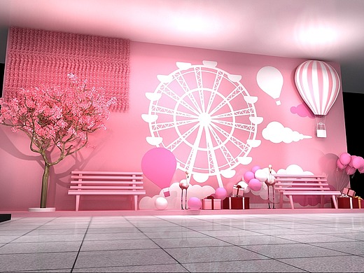 少女系网红打卡墙设计3d效果图