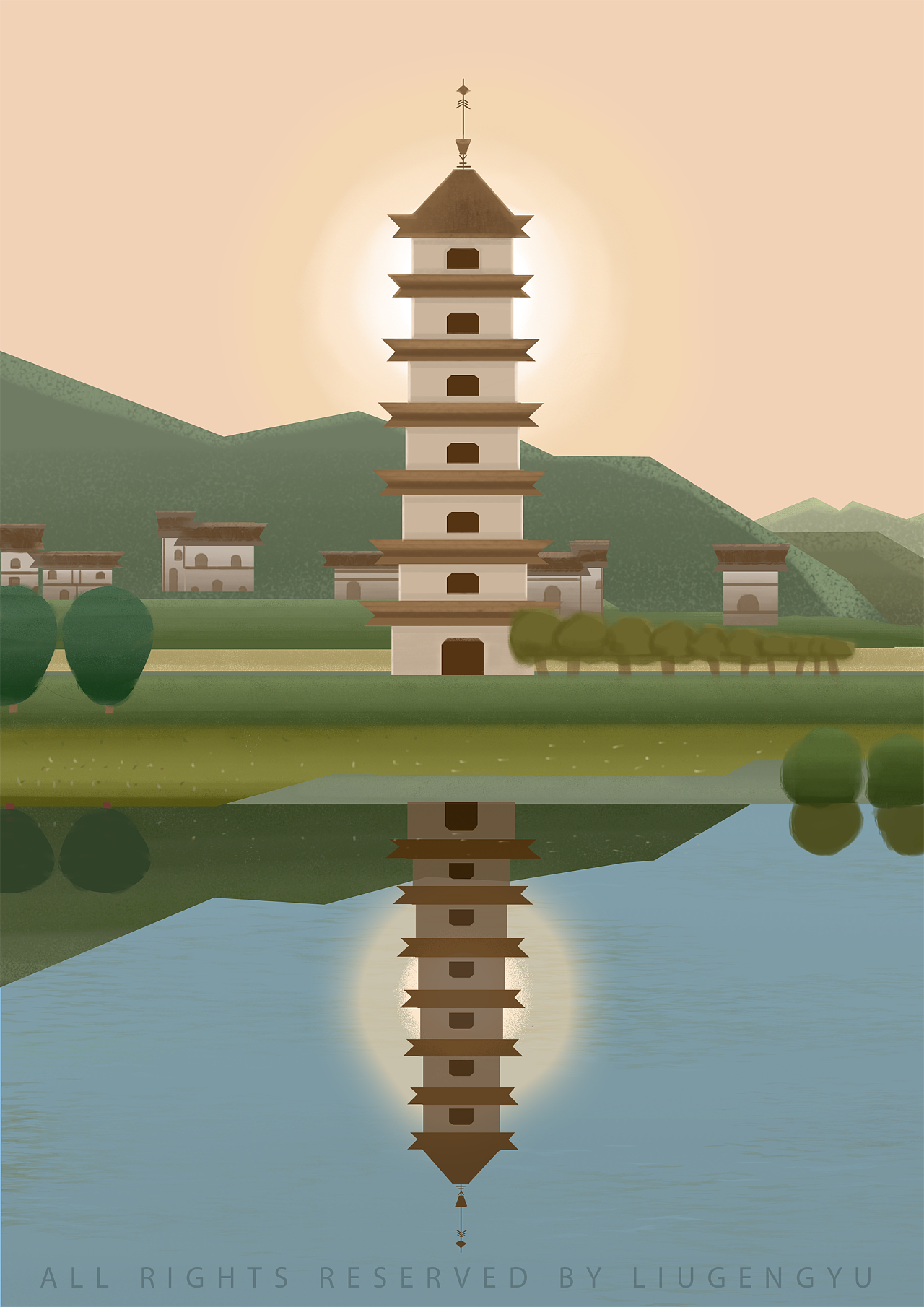 扁平风景插画海岸和中塔