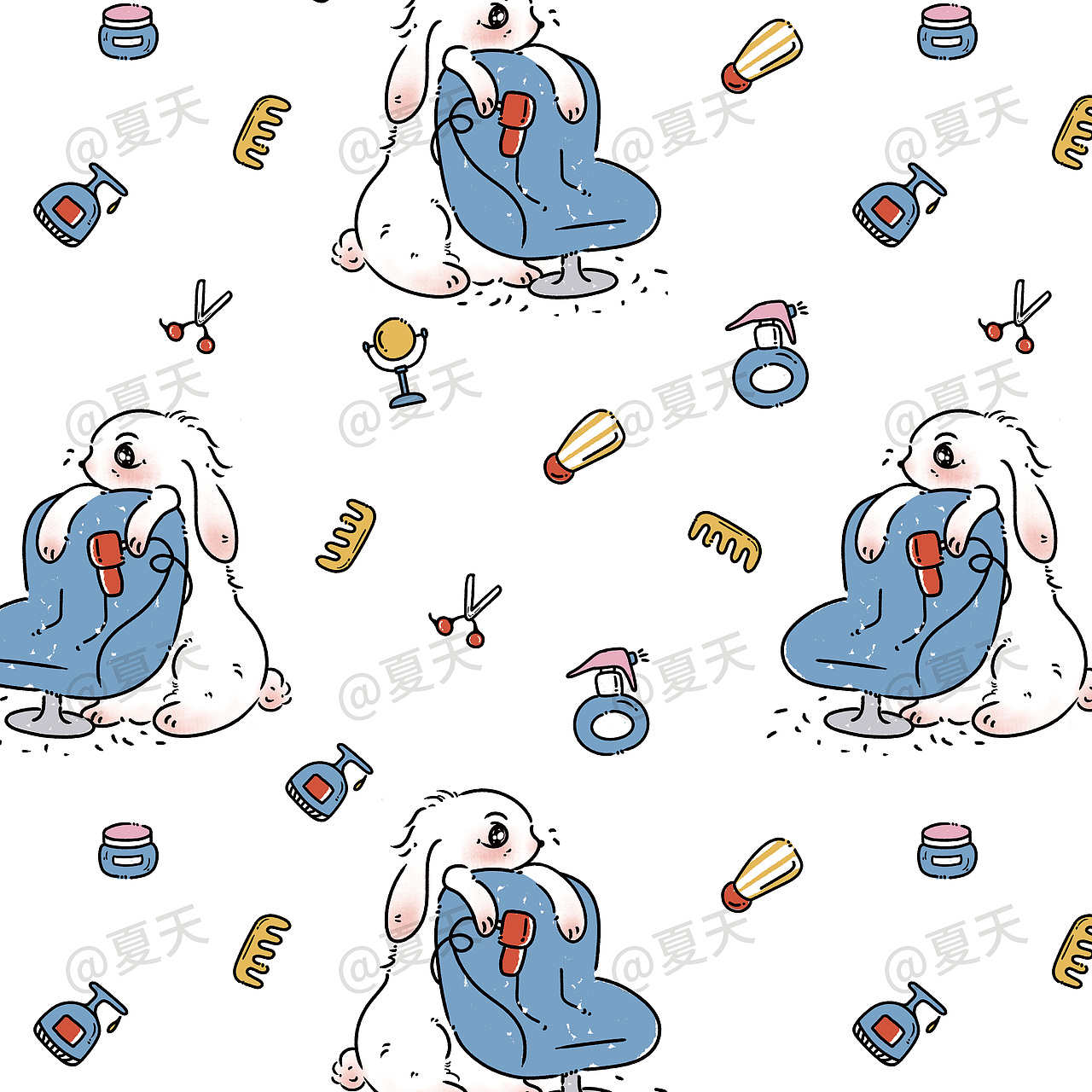 原創(chuàng)印花圖案設(shè)計—理發(fā)師兔兔（圖ZMzQ3MTc5NTg0） - 商業(yè)插畫 - 站酷設(shè)計師夏天de夏原創(chuàng)素材 - 站酷ZCOOL