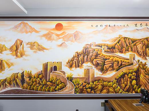 长城墙绘万里长城办公室墙绘金色的长城