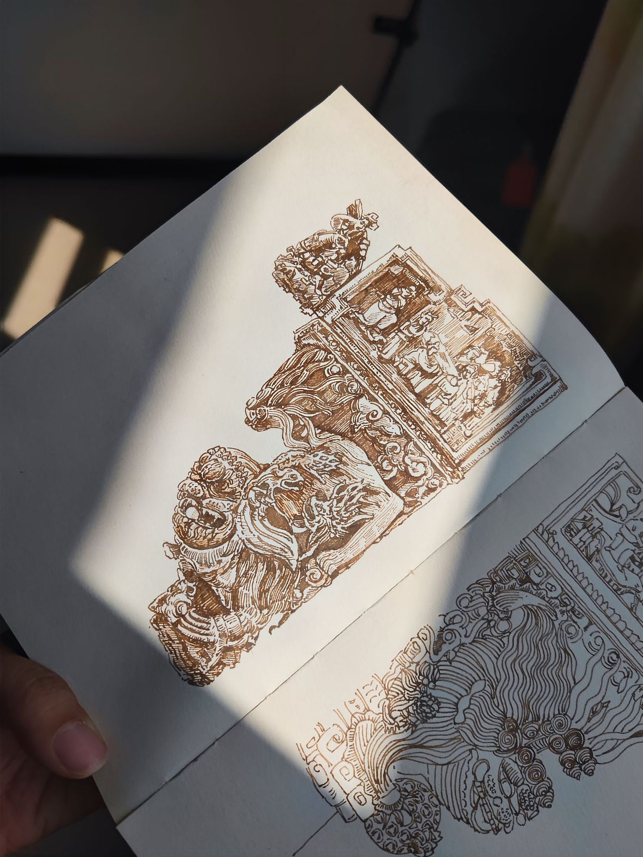 建筑木雕牛腿钢笔画