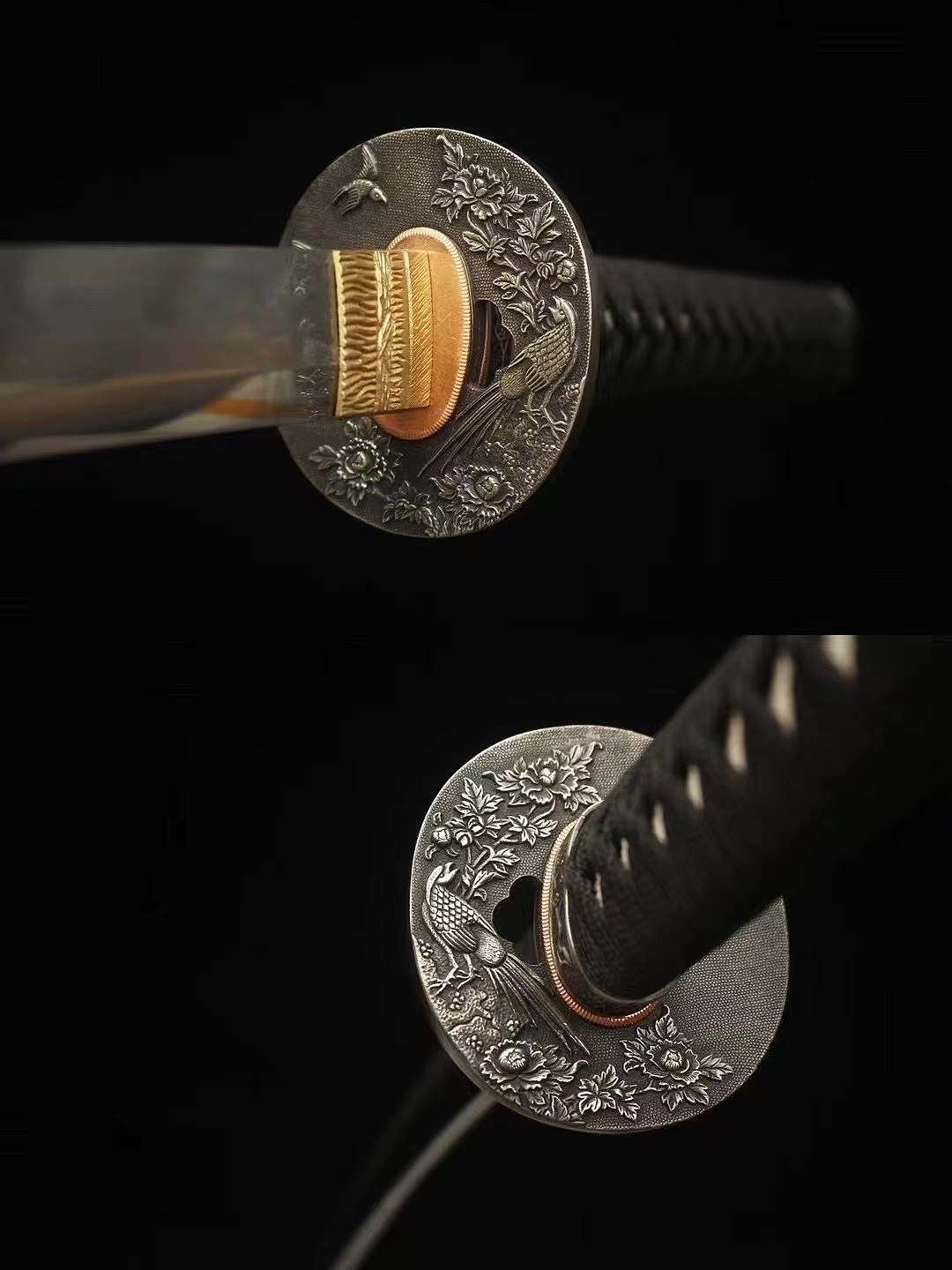 自炼钢三枚夹钢 地肌上研 白铜梨子地牡丹拵 打刀