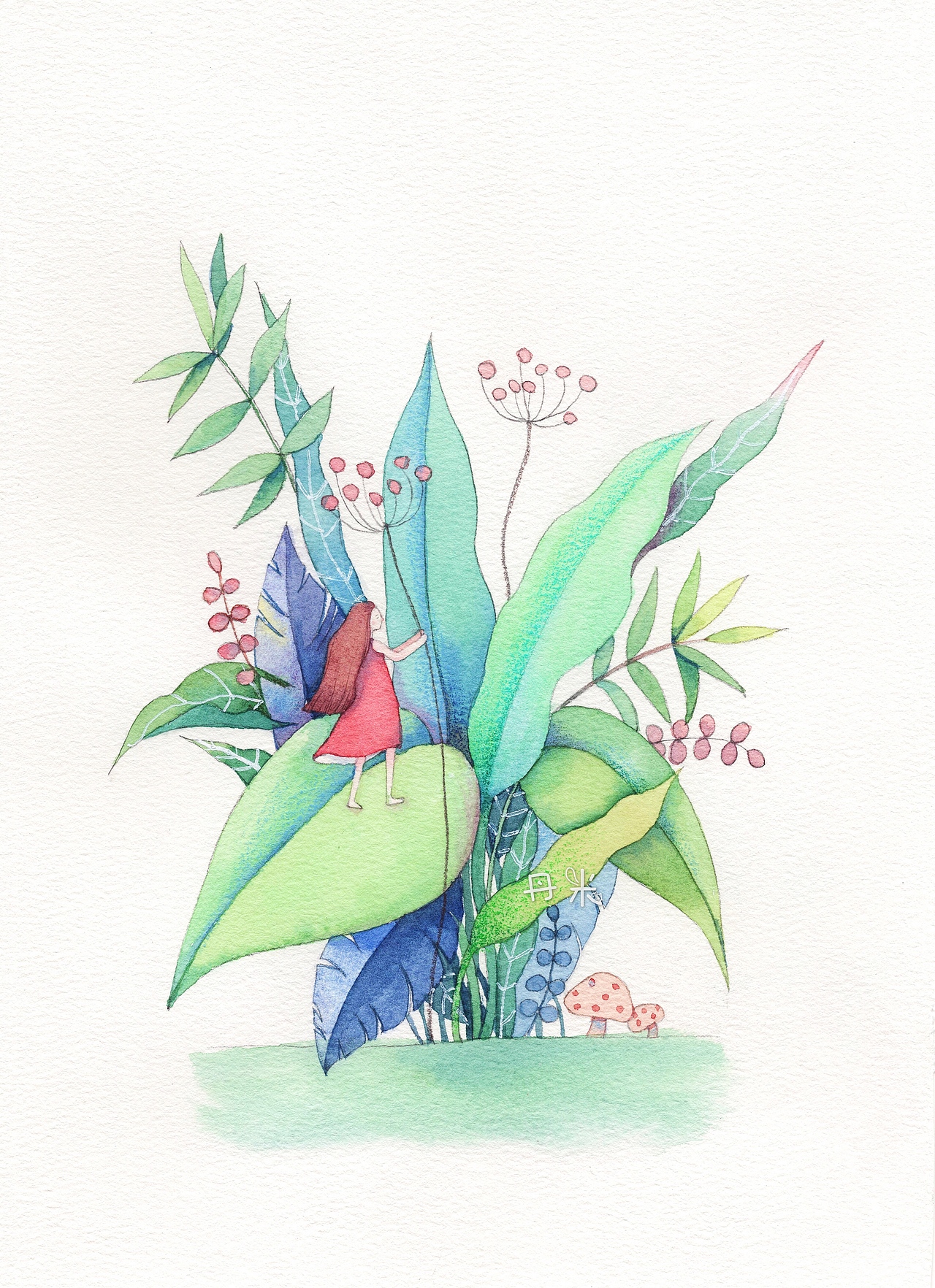 治愈插画 水彩植物女孩系列1