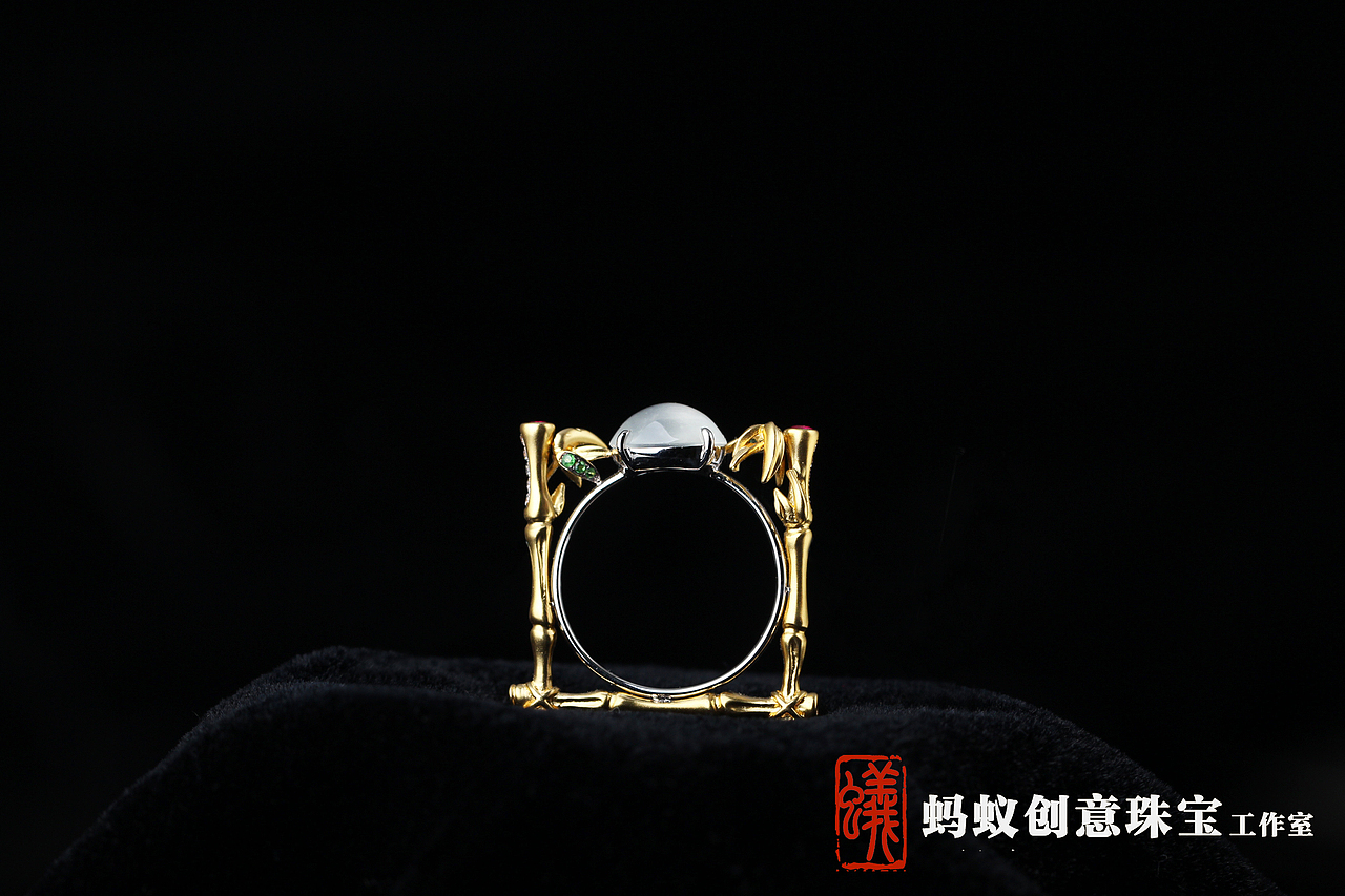 【蚂蚁创意珠宝工作室】竹子翡翠蛋面戒指