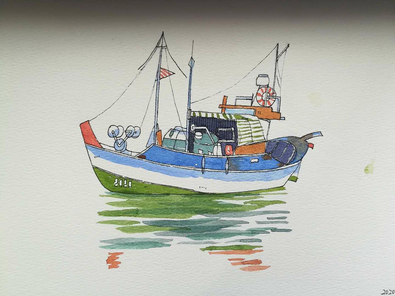 钢笔淡彩小船临摹课堂作业