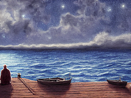 #AI創(chuàng)作實(shí)驗(yàn)室#深藍(lán)的星空下，一望無(wú)際的深藍(lán)色大海上