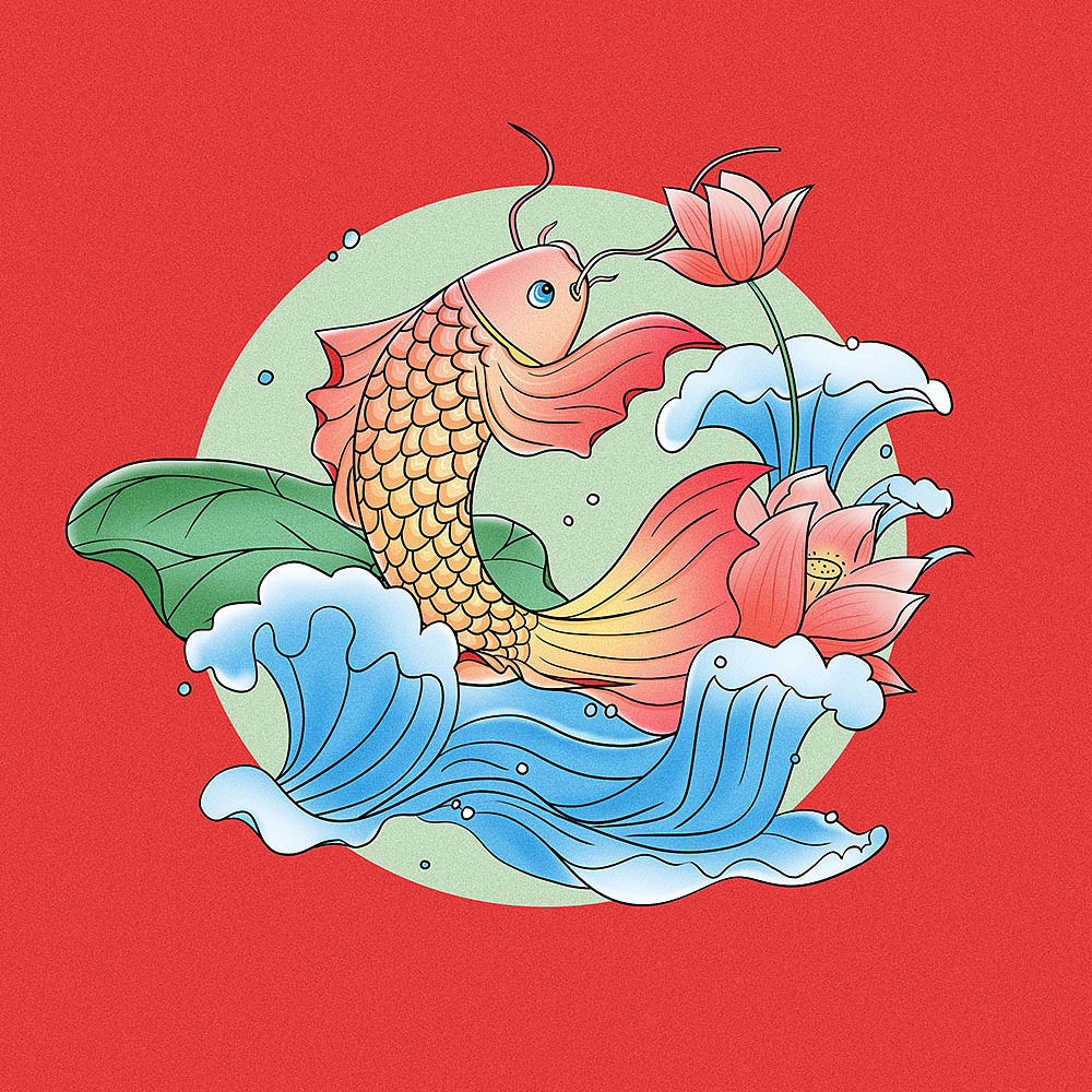 手绘国潮锦鲤荷花
