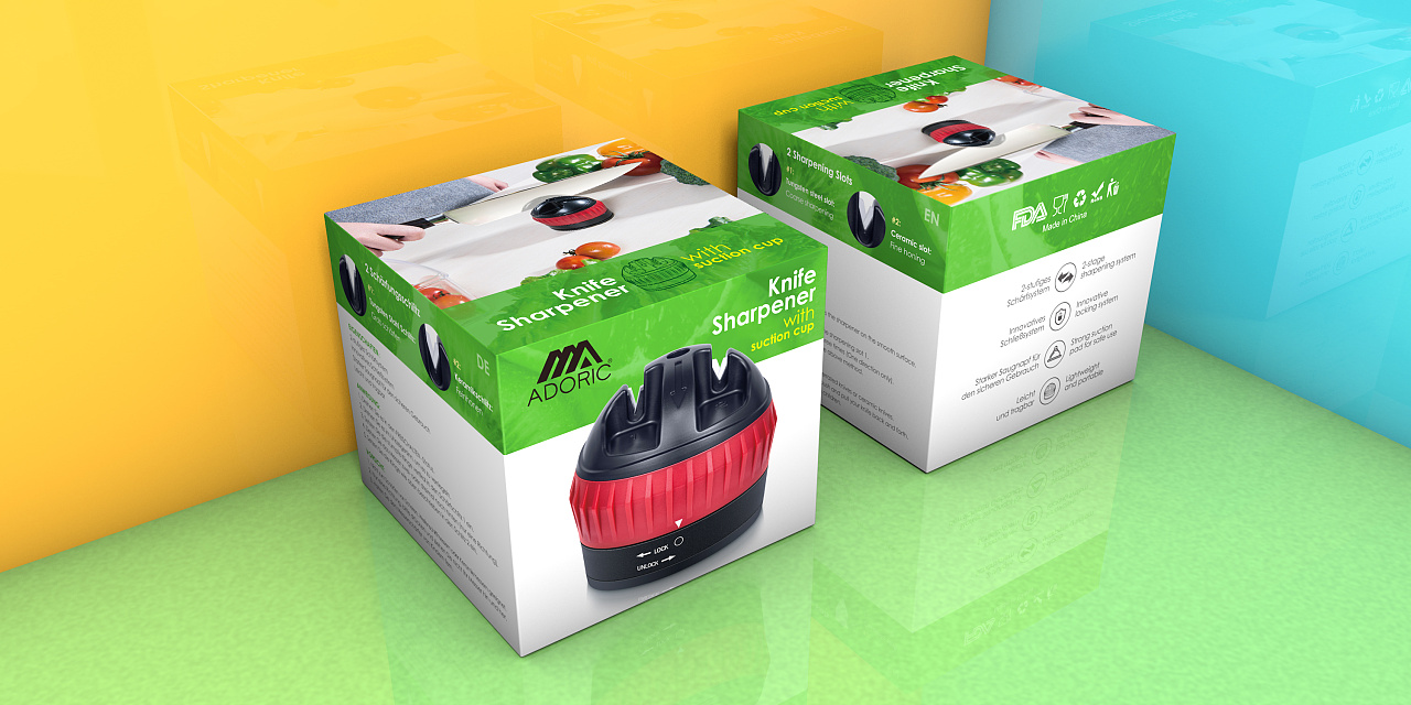 红黑吸盘圆形双槽磨刀器包装设计及场景拍摄