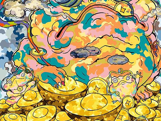 潮流版画，招财，金蟾