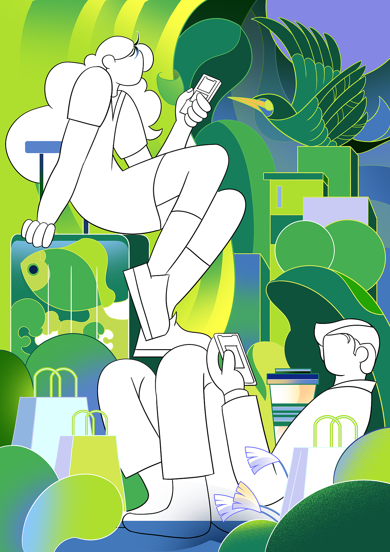 新一期日报风插画《绿色惬意新生活》