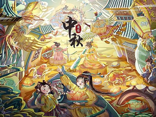 氛围感国风中秋奇妙夜kv商业插画