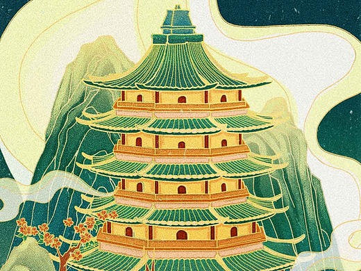 原创中国风国潮西湖雷峰塔旅游插画
