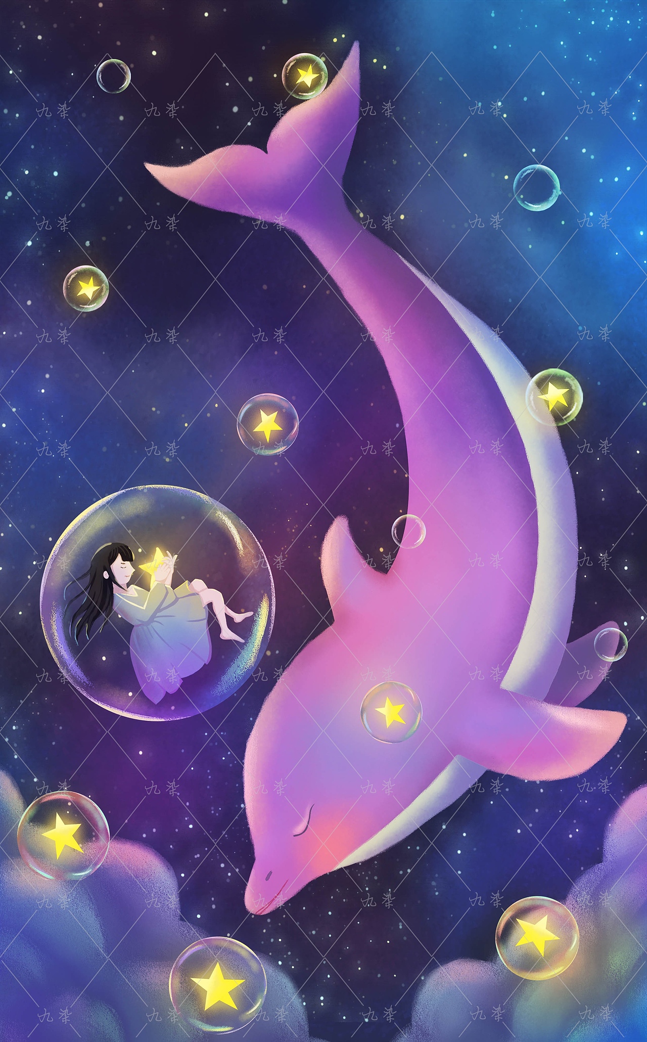 海豚与少女——治愈系（图ZMzAxMTEzMzUy） - 商业插画 - 站酷设计师玖染DK原创素材 - 站酷ZCOOL