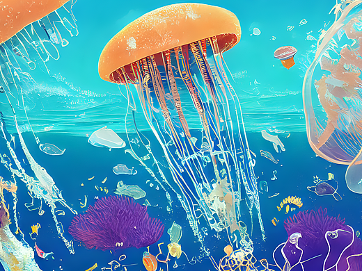 #AI创作实验室#美女，水，大海，晶莹剔透的水母，鲸鱼
