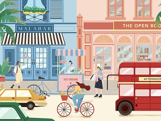 插画|长卷扁平插画|街景插画