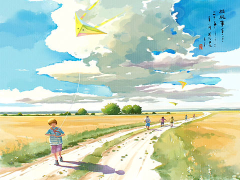 “童趣”插画设计—放风筝（个人主页-ZNjUzNTA2Mjg=） - 创作习作 - 站酷设计师七安菲原创素材 - 站酷ZCOOL