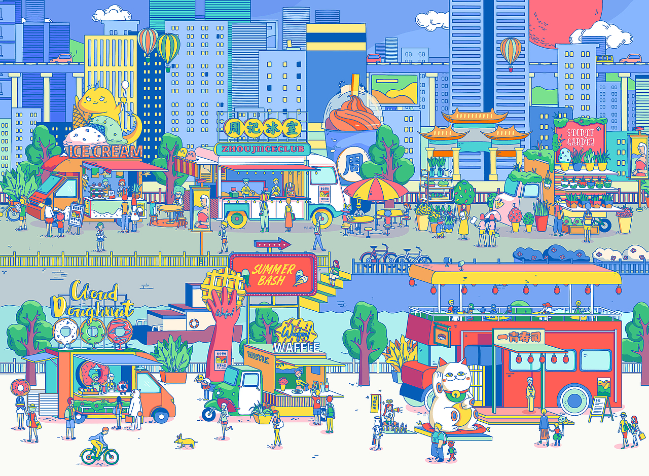 城市车铺 系列插画（图ZOTY4MjM0NjA=） - 商业插画 - 站酷设计师甜鱼跳跳Riki原创素材 - 站酷ZCOOL