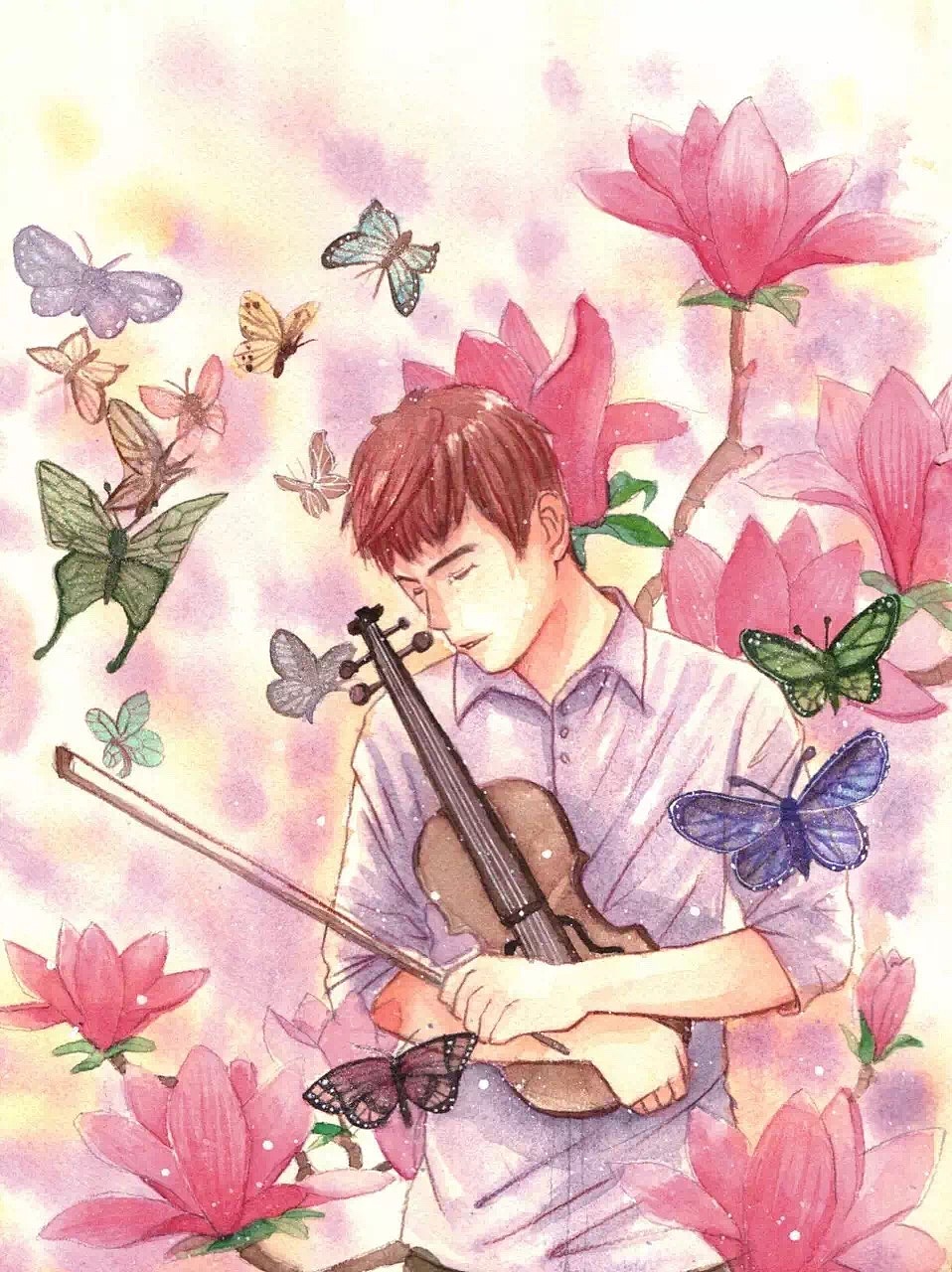 水彩练习-琴与少年