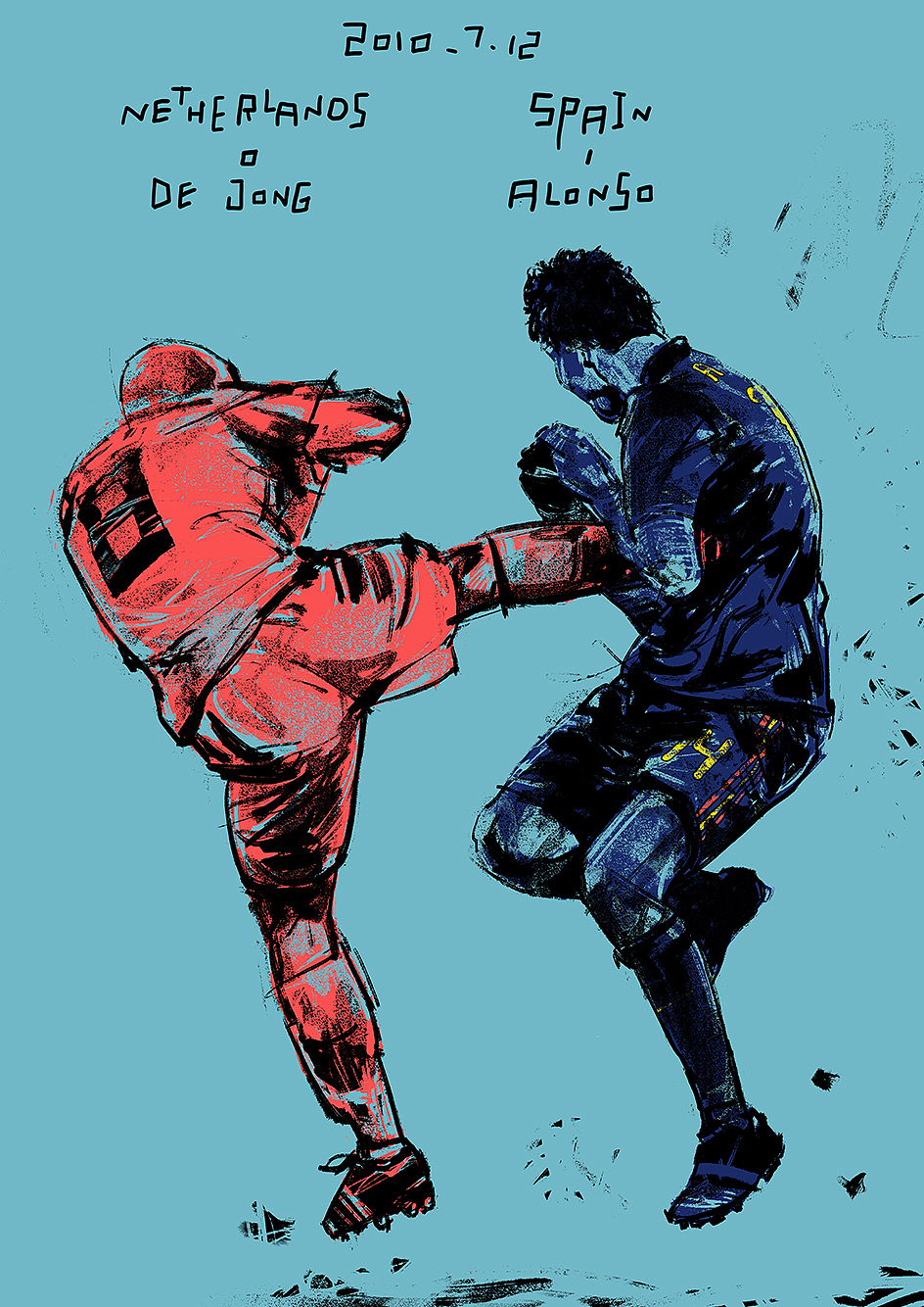 2010年7月12日世界杯决赛,荷兰vs西班牙,德容飞踹阿隆索胸部,恶劣犯规