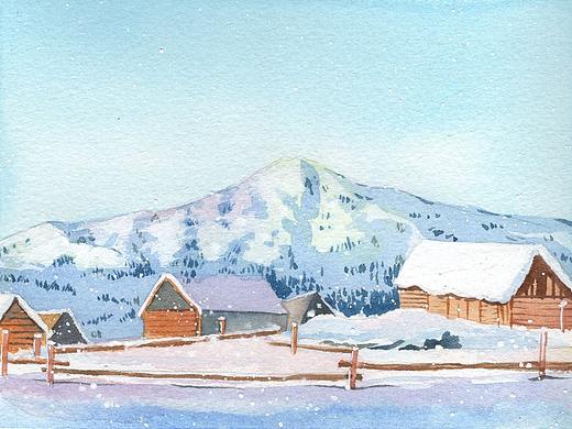 水彩风景-雪景